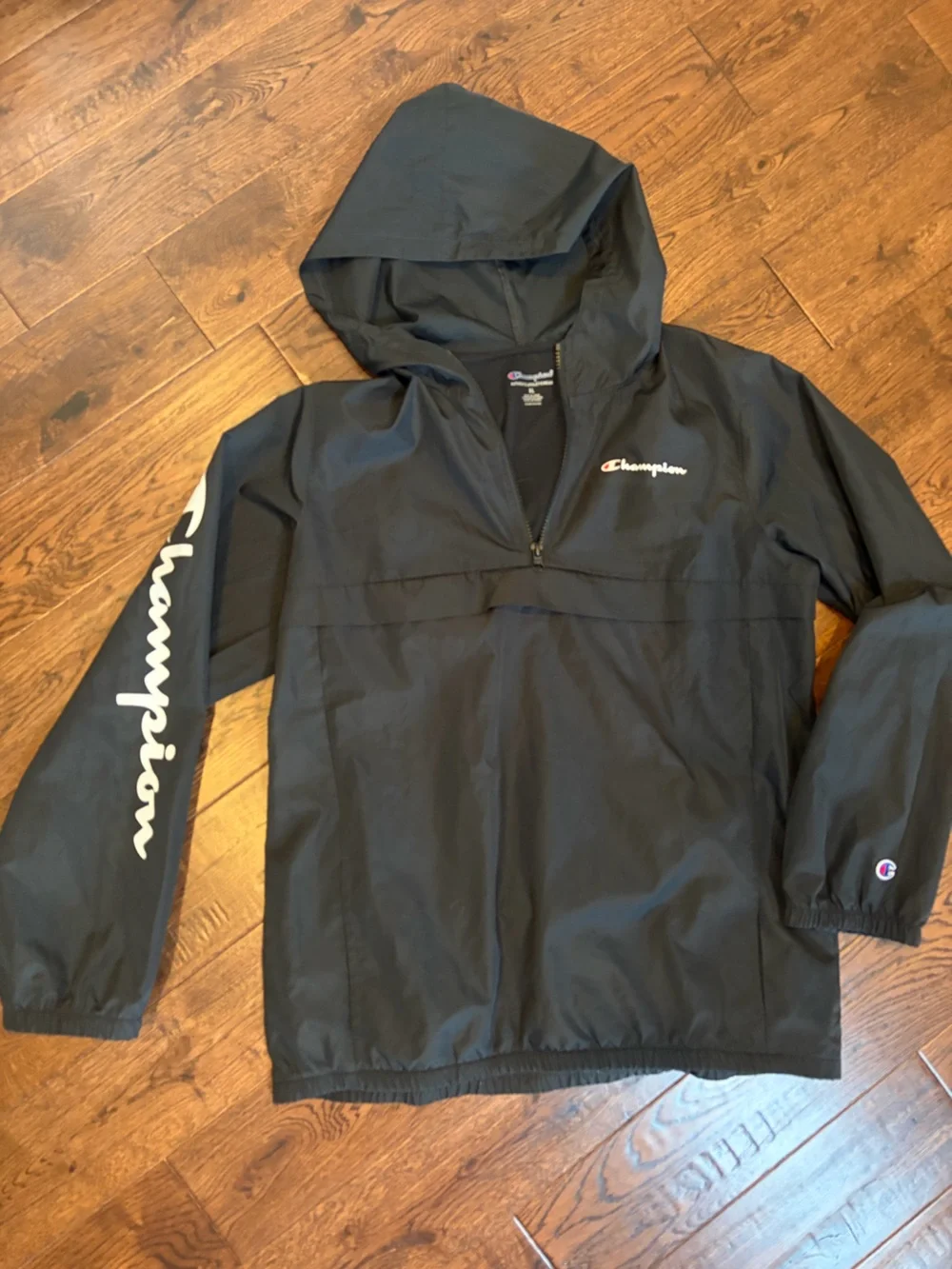 Champion Black Hooded Pullover Windbreaker with Sleeve Script